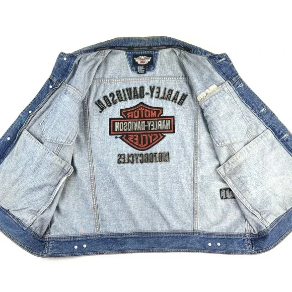 Harley Davidson Motorcycles Embroidered Patch Denim Vest Jacket Blue Mens XL - Picture 8 of 10